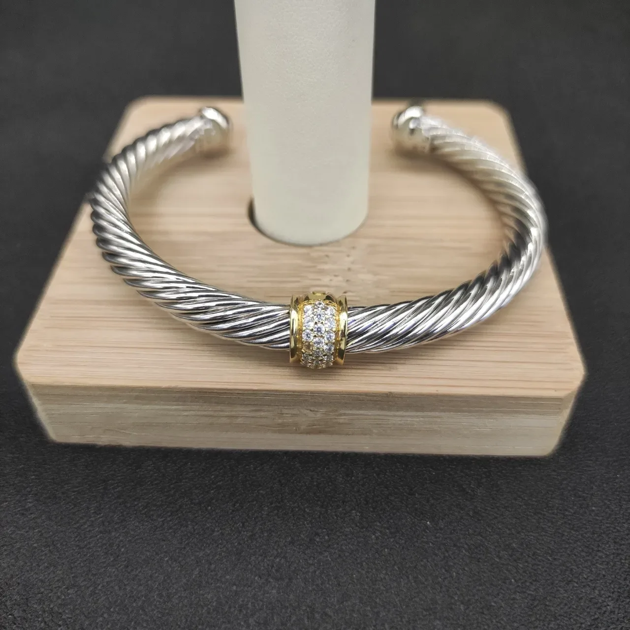 David Yurman Cable Classics Silver Gold Twisted Pavé Diamond Bezel Bracelet 7