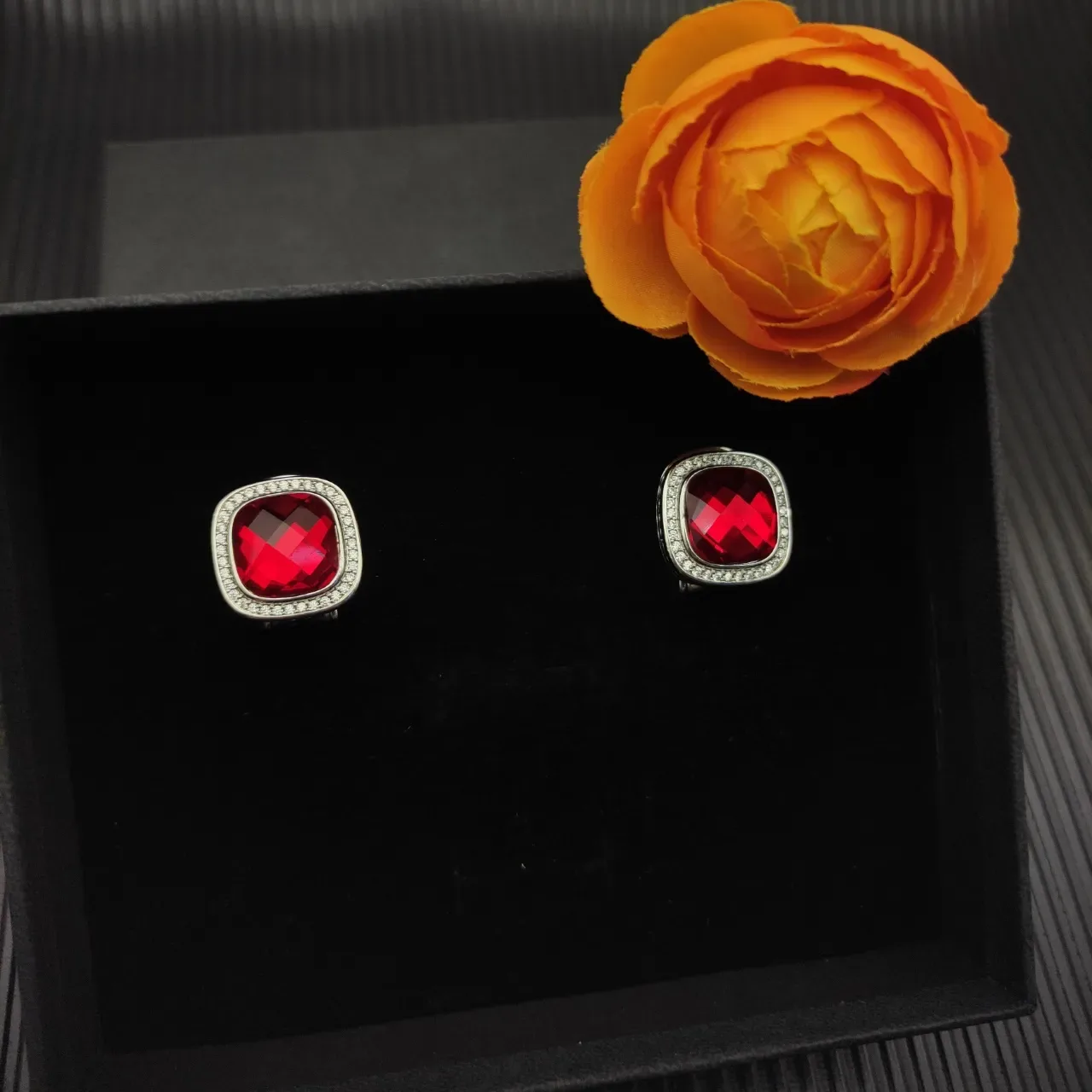 David Yurman Cushion-Cut Red Gemstone Pavé Halo Earrings 7