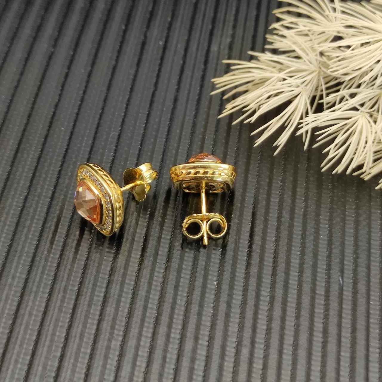 David Yurman Gold-Tone Peach Stone Pavé Halo Stud Earrings 5