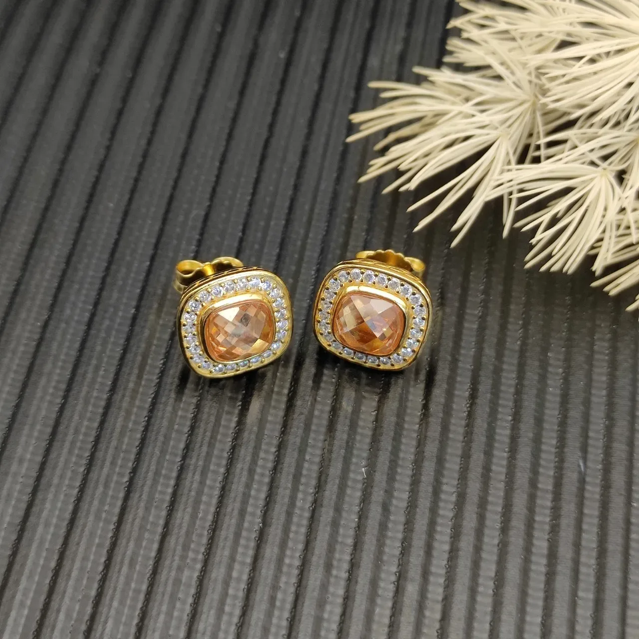 David Yurman Gold-Tone Peach Stone Pavé Halo Stud Earrings 6