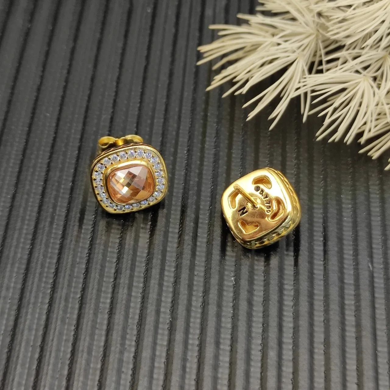 David Yurman Gold-Tone Peach Stone Pavé Halo Stud Earrings 7