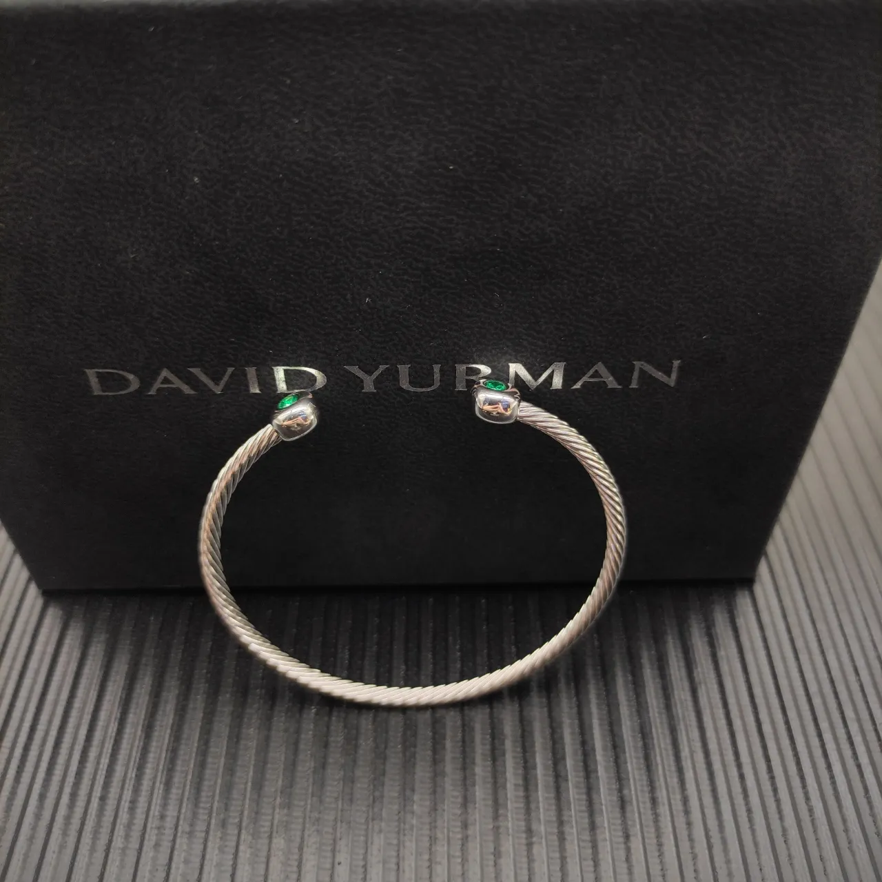 David Yurman Silver Green Cable-Twist Construction Bezel-Set Round Gemstones Bracelet 7