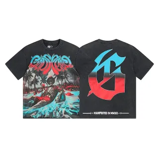 Camiseta oversized preta desgastada com estampa gráfica frente e verso