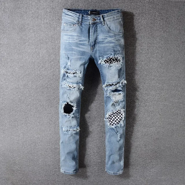 Distressed Ripped Patched Light-Wash Blue Jeans 4