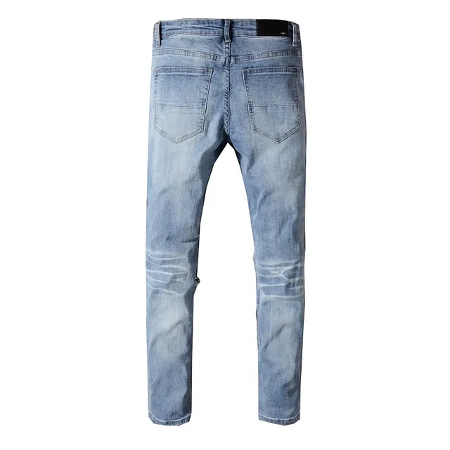 Distressed Ripped Patched Light-Wash Blue Jeans 9