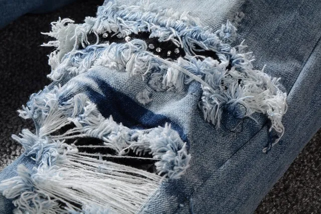Distressed Ripped Patched Light-Wash Blue Jeans 14