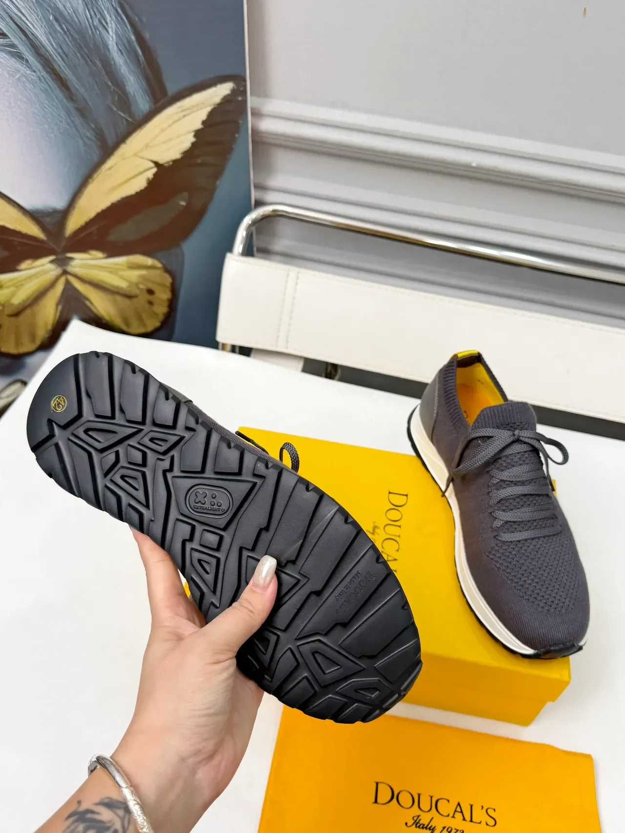 DOUCAL'S Sneakers Gris Blanc avec tige en tricot et contrefort en cuir au talon 2