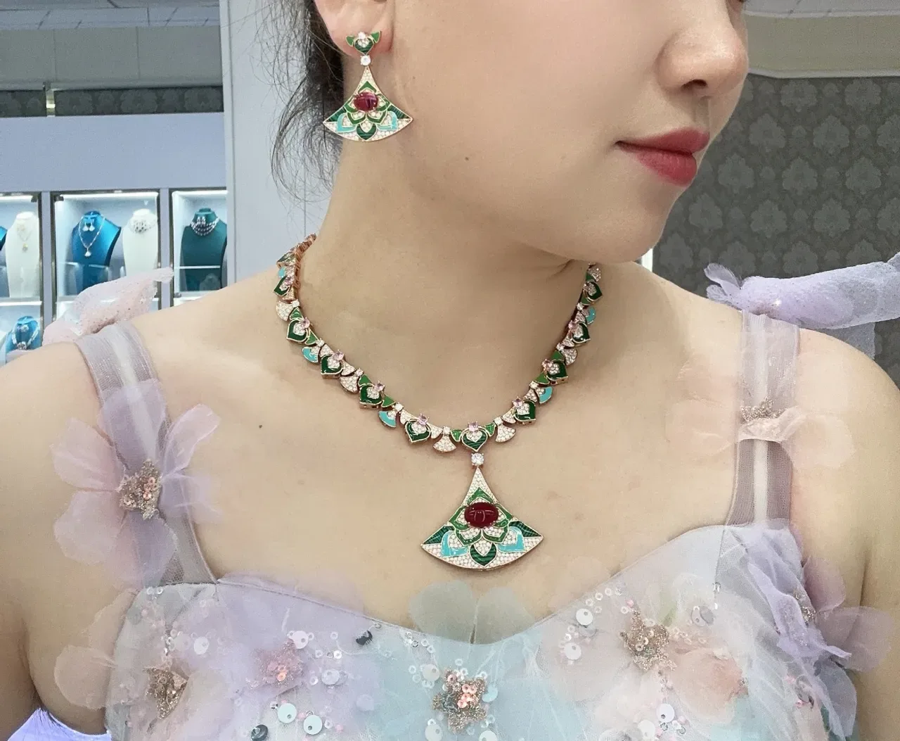 Enamel Floral Motif Pavé Diamond Fan Pendant Necklace 8