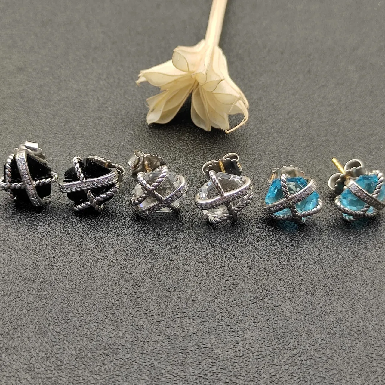 Faceted Black Stone and Twisted Rope Pavé Earrings 5