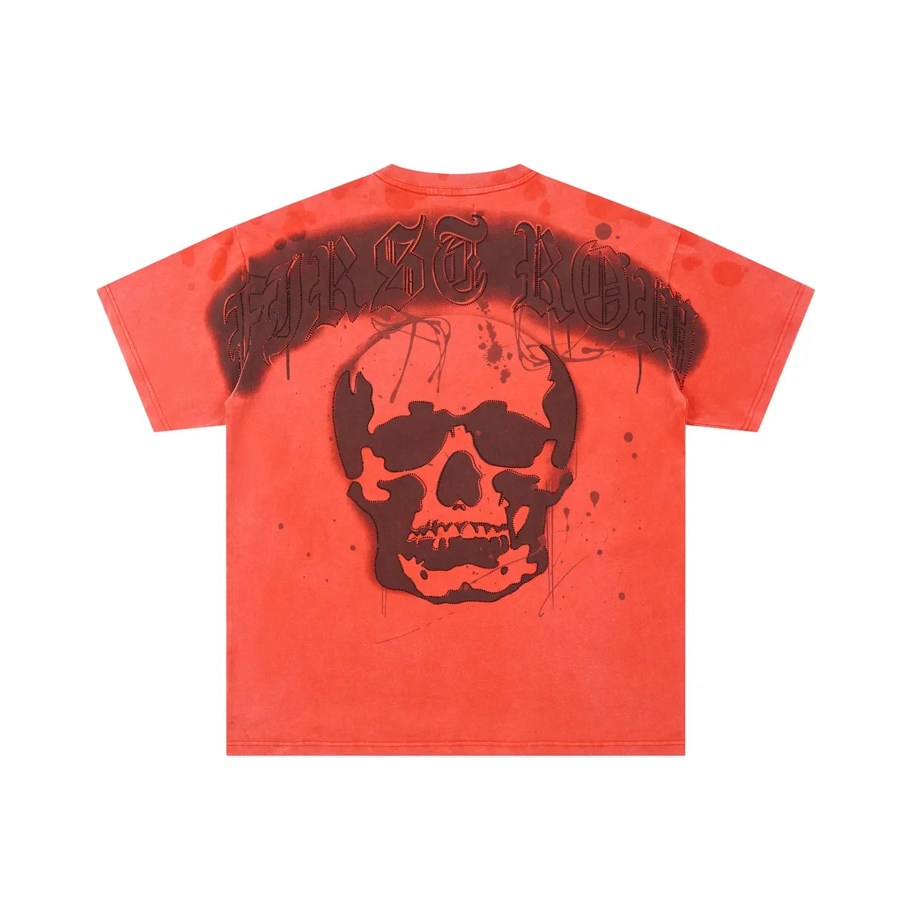 FIRST ROW Distressed Orange Rhinestone-Trimmed Graphic T-Shirt 3