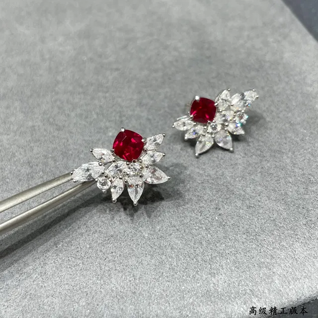 Floral Cluster Cushion Red and Clear Stone Stud Earrings 3