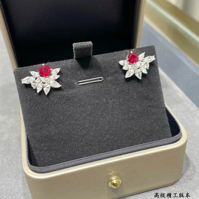 Floral Cluster Cushion Red and Clear Stone Stud Earrings 4