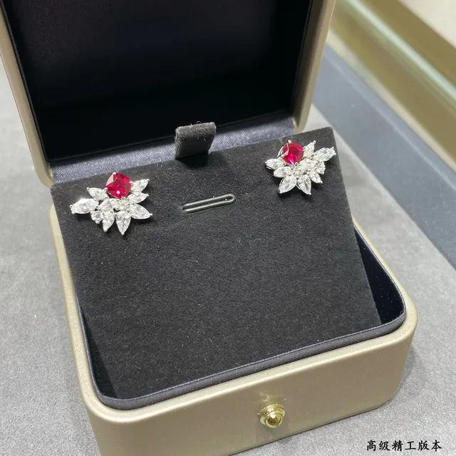 Floral Cluster Cushion Red and Clear Stone Stud Earrings 6