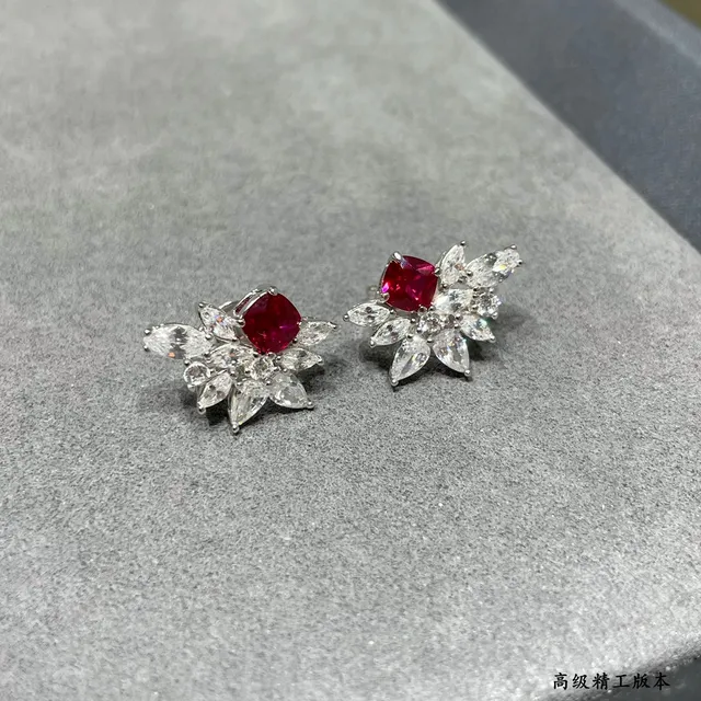 Floral Cluster Cushion Red and Clear Stone Stud Earrings 7