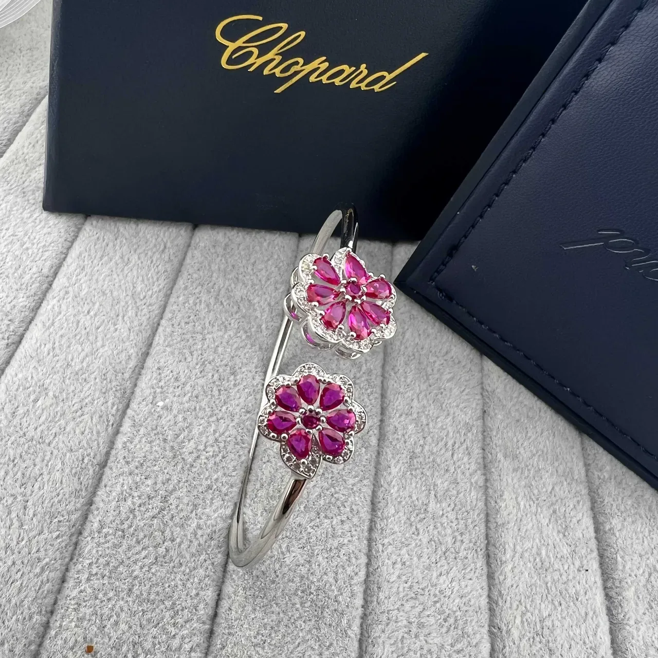 Floral Double-Flower Gemstone Open Bangle Bracelets 5
