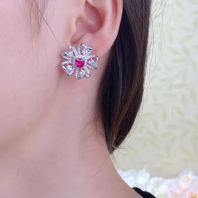 Floral Pavé-Set Square Red Gem Stud Earrings 2