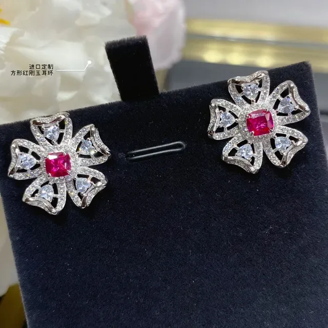 Floral Pavé-Set Square Red Gem Stud Earrings 3