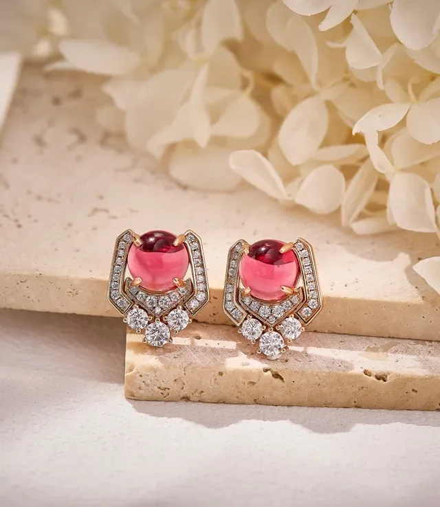 Geometric Halo Red Gemstone and Pavé Diamond Earrings 3