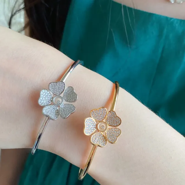 Gold and Silver Floral Pavé Stone Open Bangle Bracelets 9