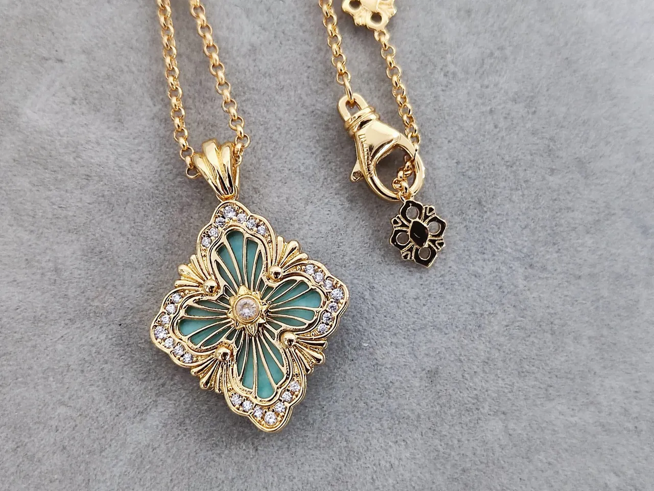 Gold Blue Quatrefoil Pendant Enamel Floral Motif Necklace 4