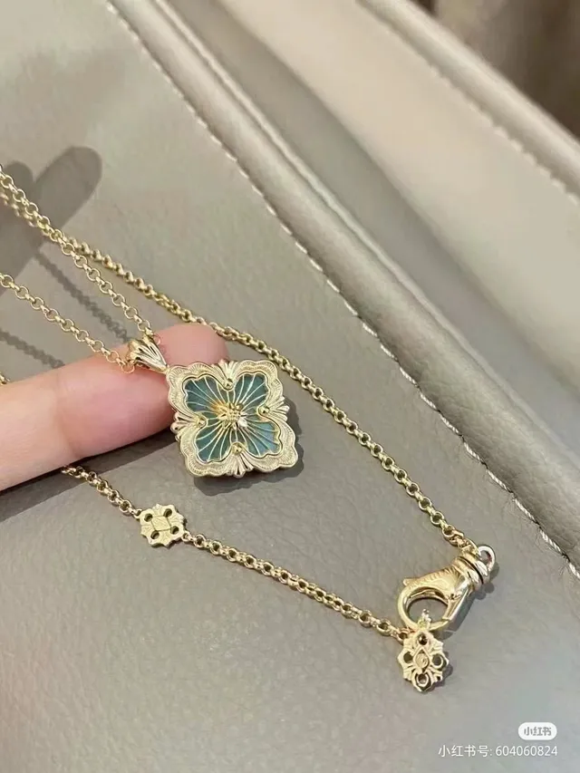 Gold Blue Quatrefoil Pendant Enamel Floral Motif Necklace 5