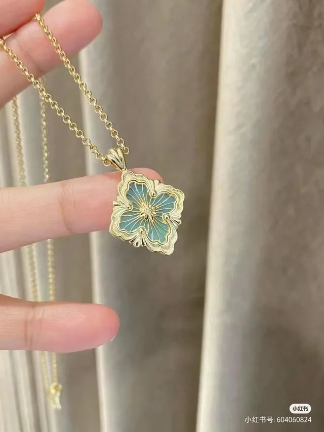 Gold Blue Quatrefoil Pendant Enamel Floral Motif Necklace 6
