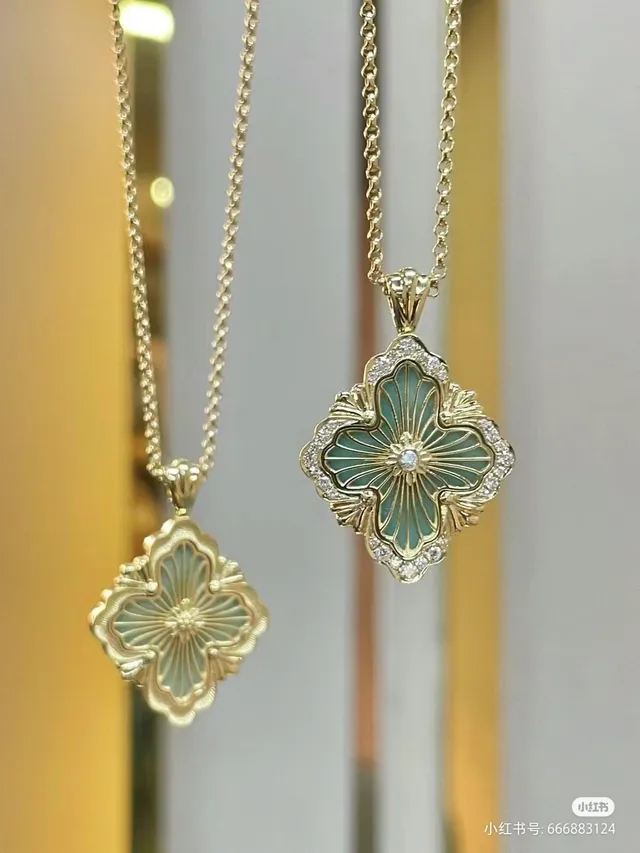 Gold Blue Quatrefoil Pendant Enamel Floral Motif Necklace 7