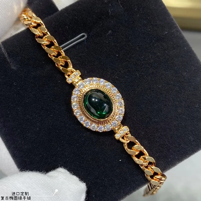 Gold Curb Chain Oval Green Cabochon Pavé Bracelet 3