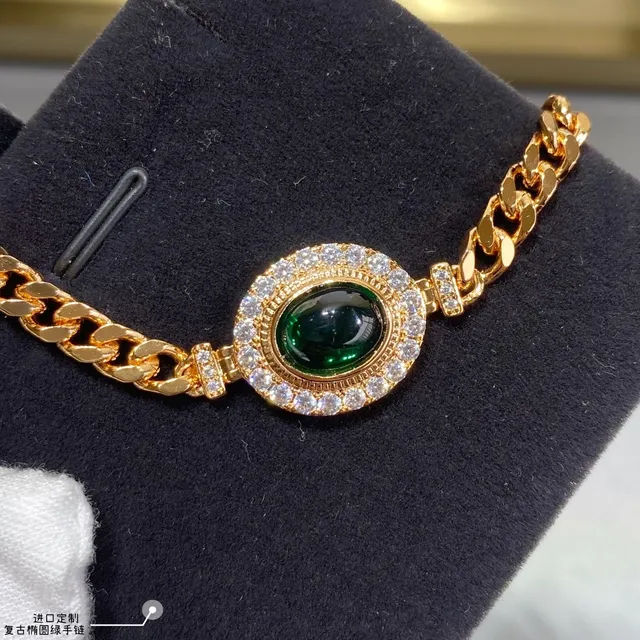Gold Curb Chain Oval Green Cabochon Pavé Bracelet 5