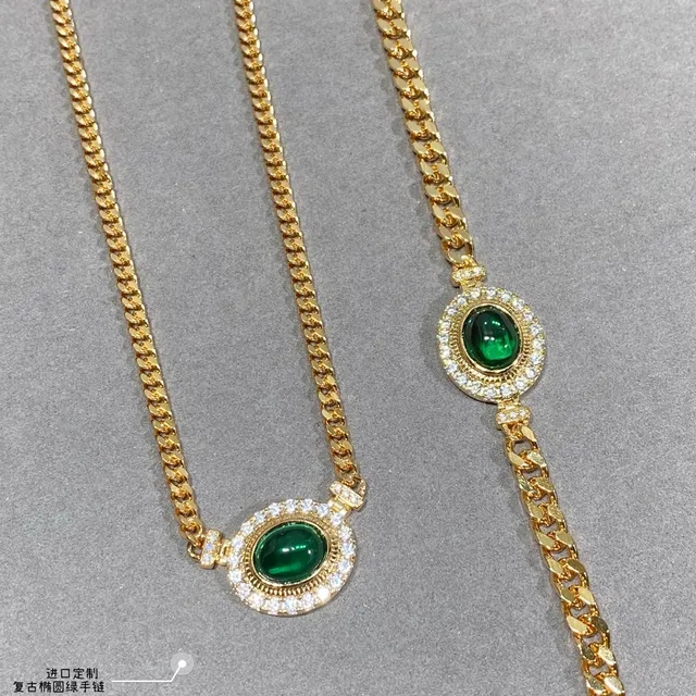 Gold Curb Chain Oval Green Cabochon Pavé Bracelet 6
