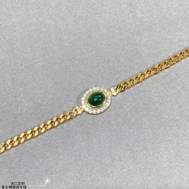 Gold Curb Chain Oval Green Cabochon Pavé Bracelet 7