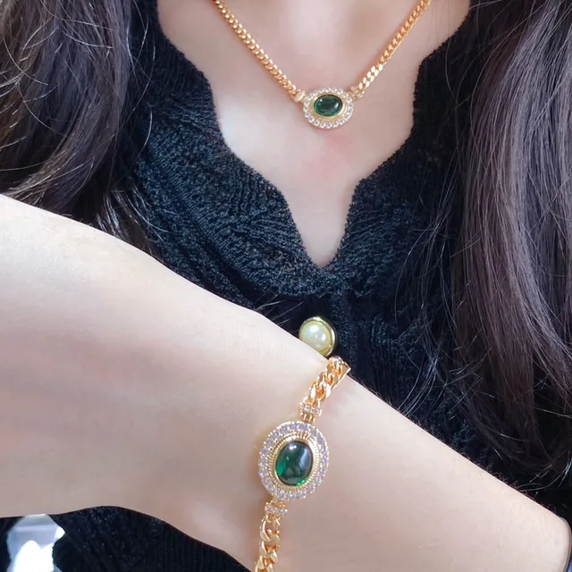Gold Curb Chain Oval Green Cabochon Pavé Bracelet 8