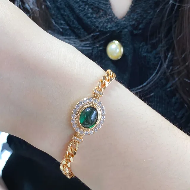 Gold Curb Chain Oval Green Cabochon Pavé Bracelet 9