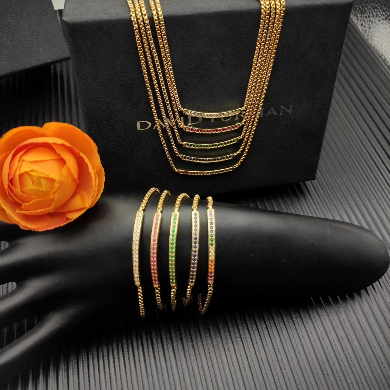 Gold Green Curved Bar Pendant Channel-Set Gemstones Necklace 2
