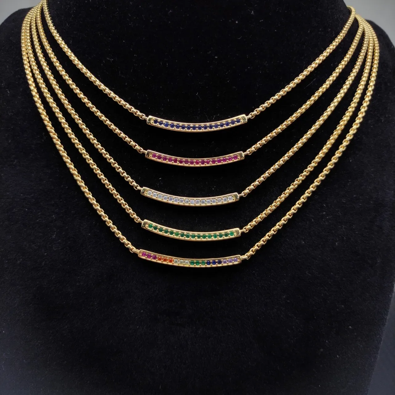 Gold Green Curved Bar Pendant Channel-Set Gemstones Necklace 3