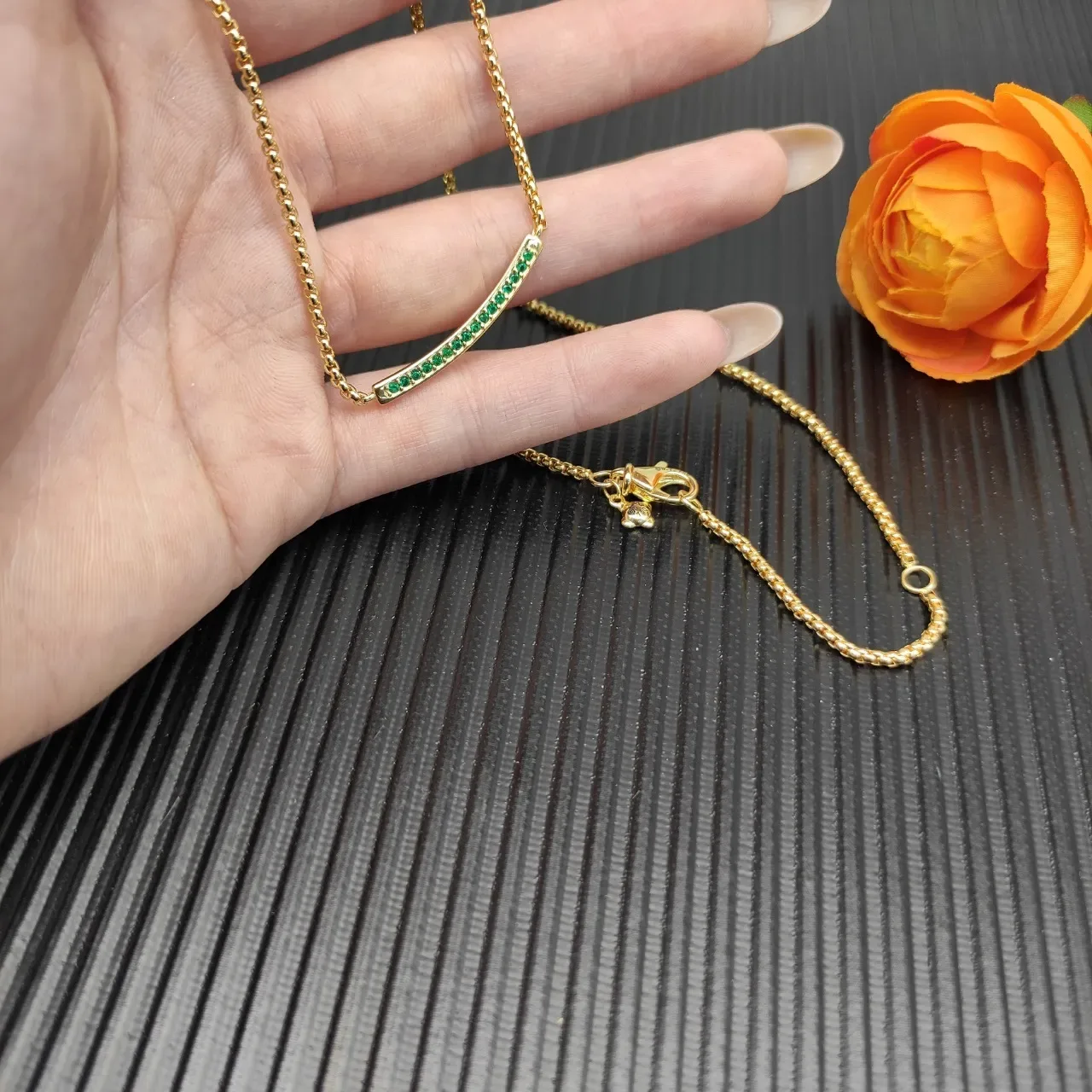 Gold Green Curved Bar Pendant Channel-Set Gemstones Necklace 4