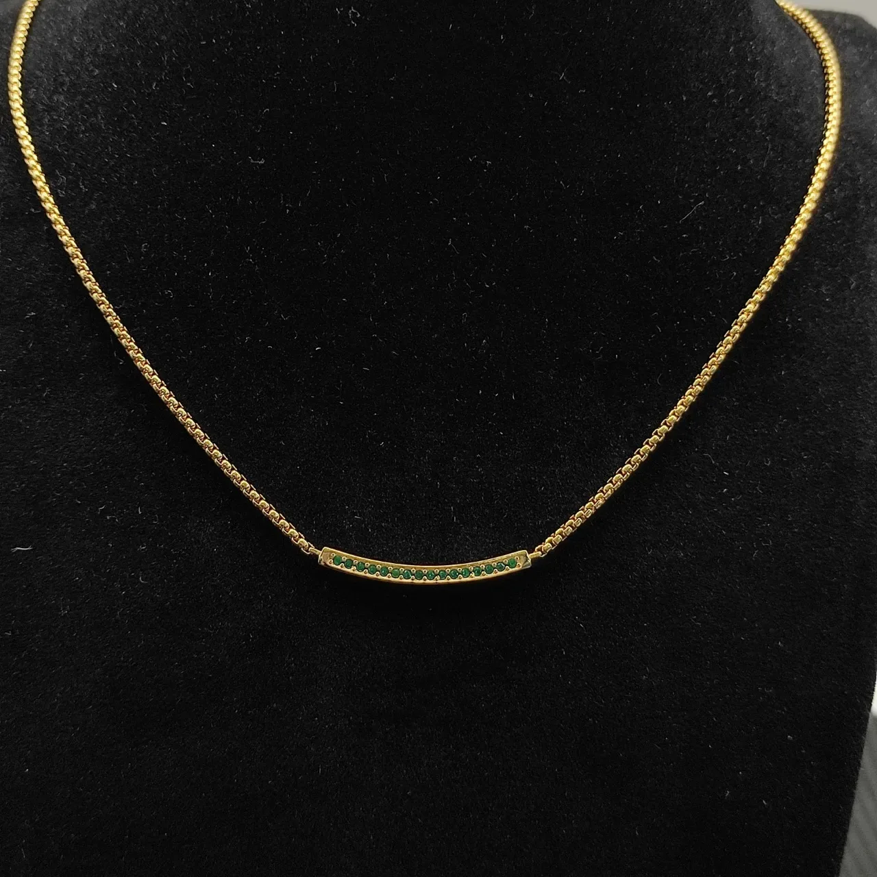 Gold Green Curved Bar Pendant Channel-Set Gemstones Necklace 5