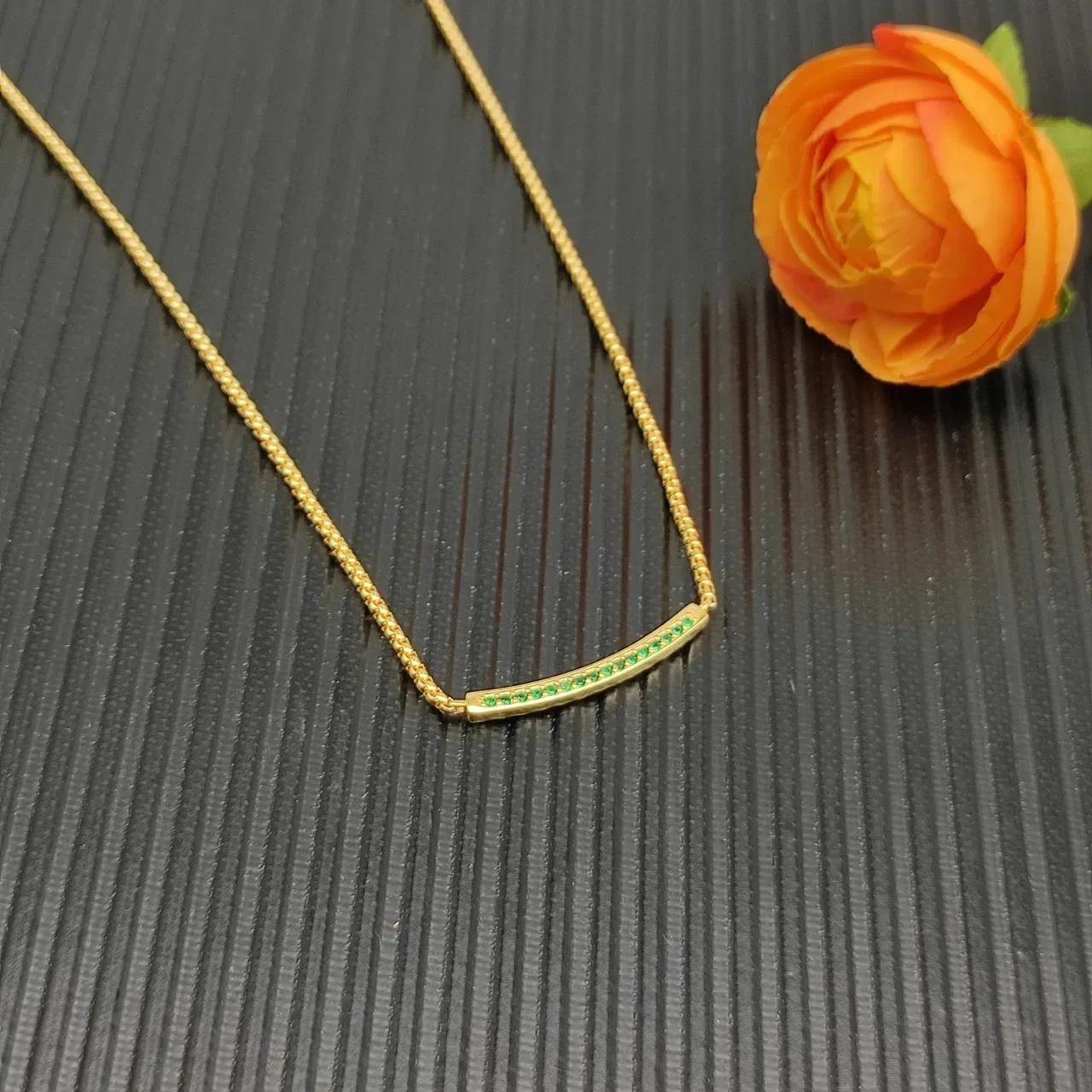 Gold Green Curved Bar Pendant Channel-Set Gemstones Necklace 6