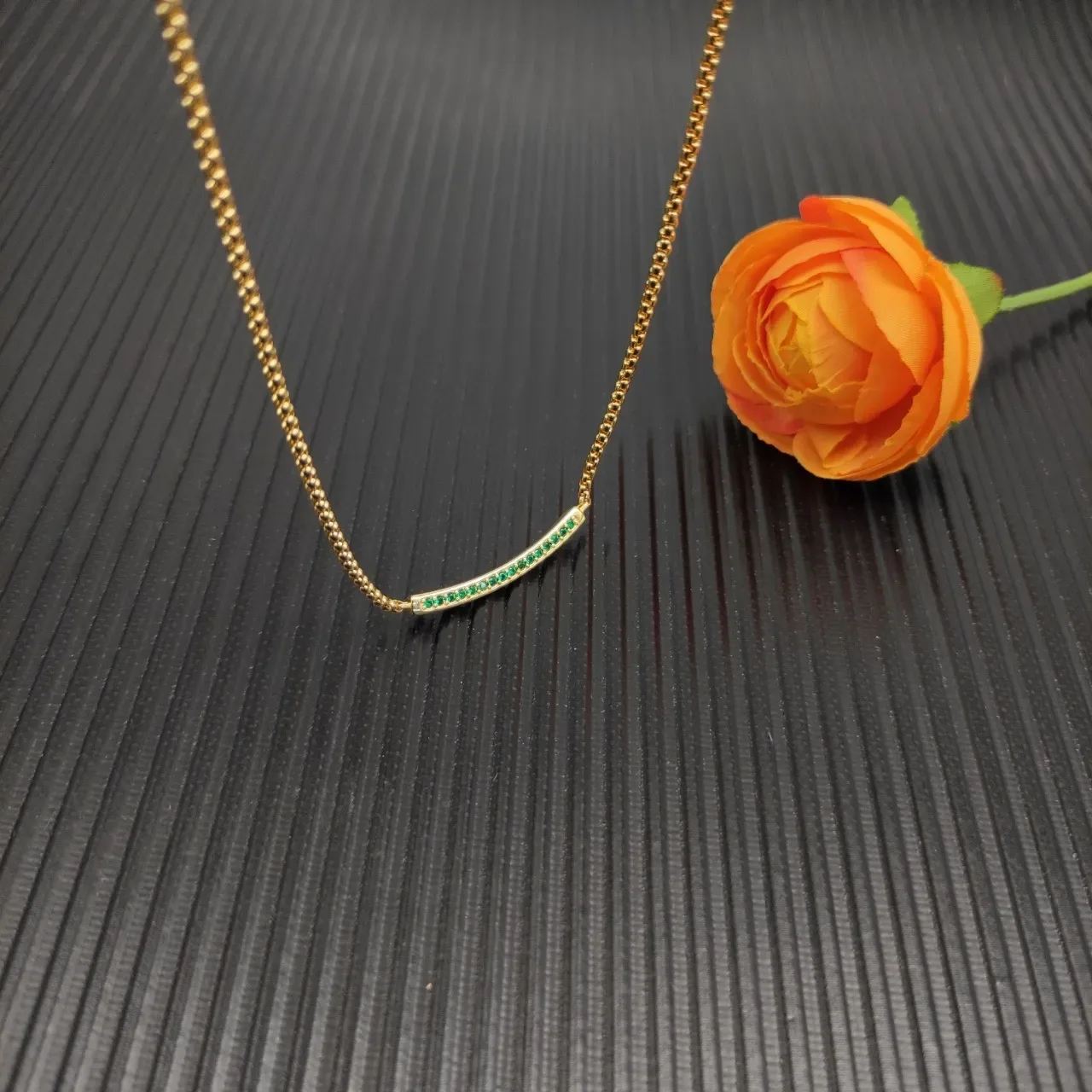 Gold Green Curved Bar Pendant Channel-Set Gemstones Necklace 7