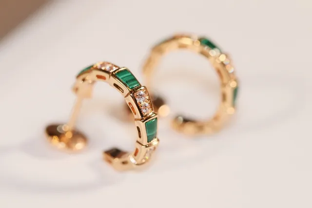 Gold Green Hinged Hoop Rectangular Stone Inlay Earrings 6