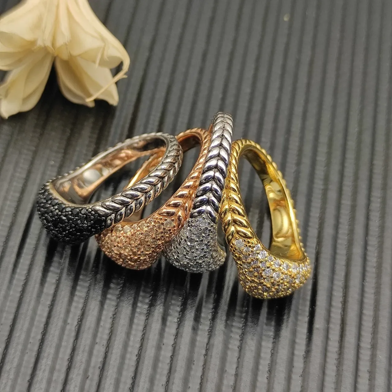 Gold Silver Dome-Shaped Pavé Top Textured Band Edge Ring 5