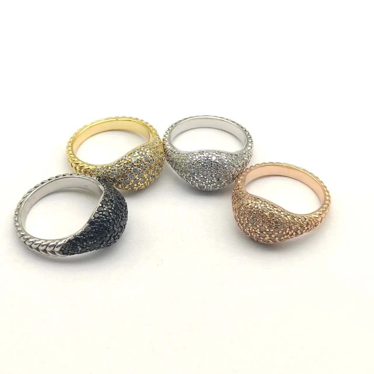 Gold Silver Dome-Shaped Pavé Top Textured Band Edge Ring 9