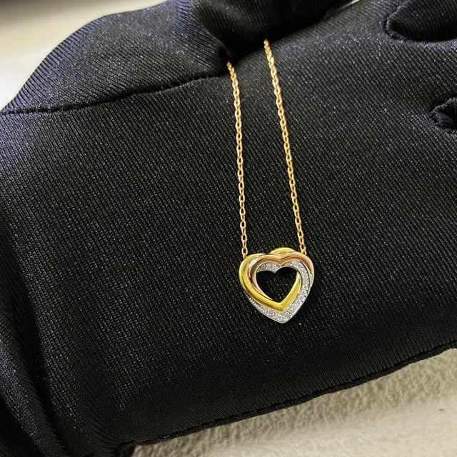 Gold Silver Double-Heart Pendant Pavé-Set Stones Necklace 2