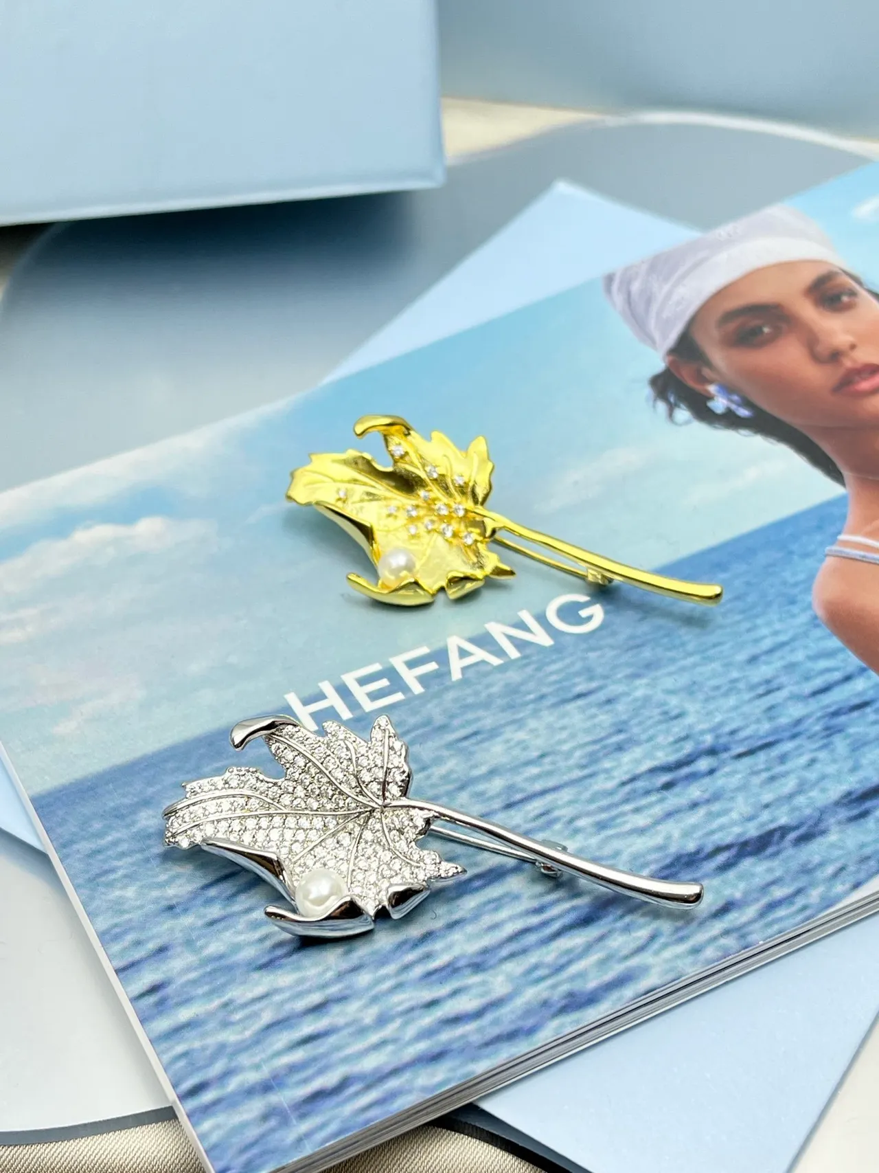Gold Silver Leaf-Shaped Pearl-Accented Brooch 4