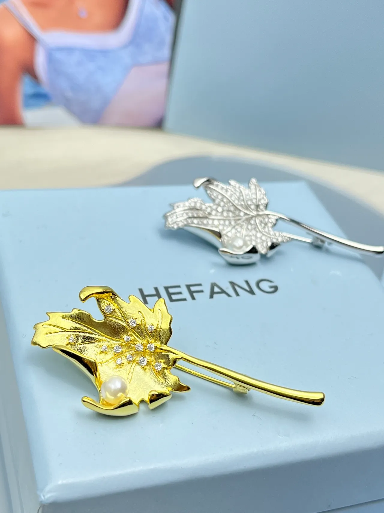 Gold Silver Leaf-Shaped Pearl-Accented Brooch 6