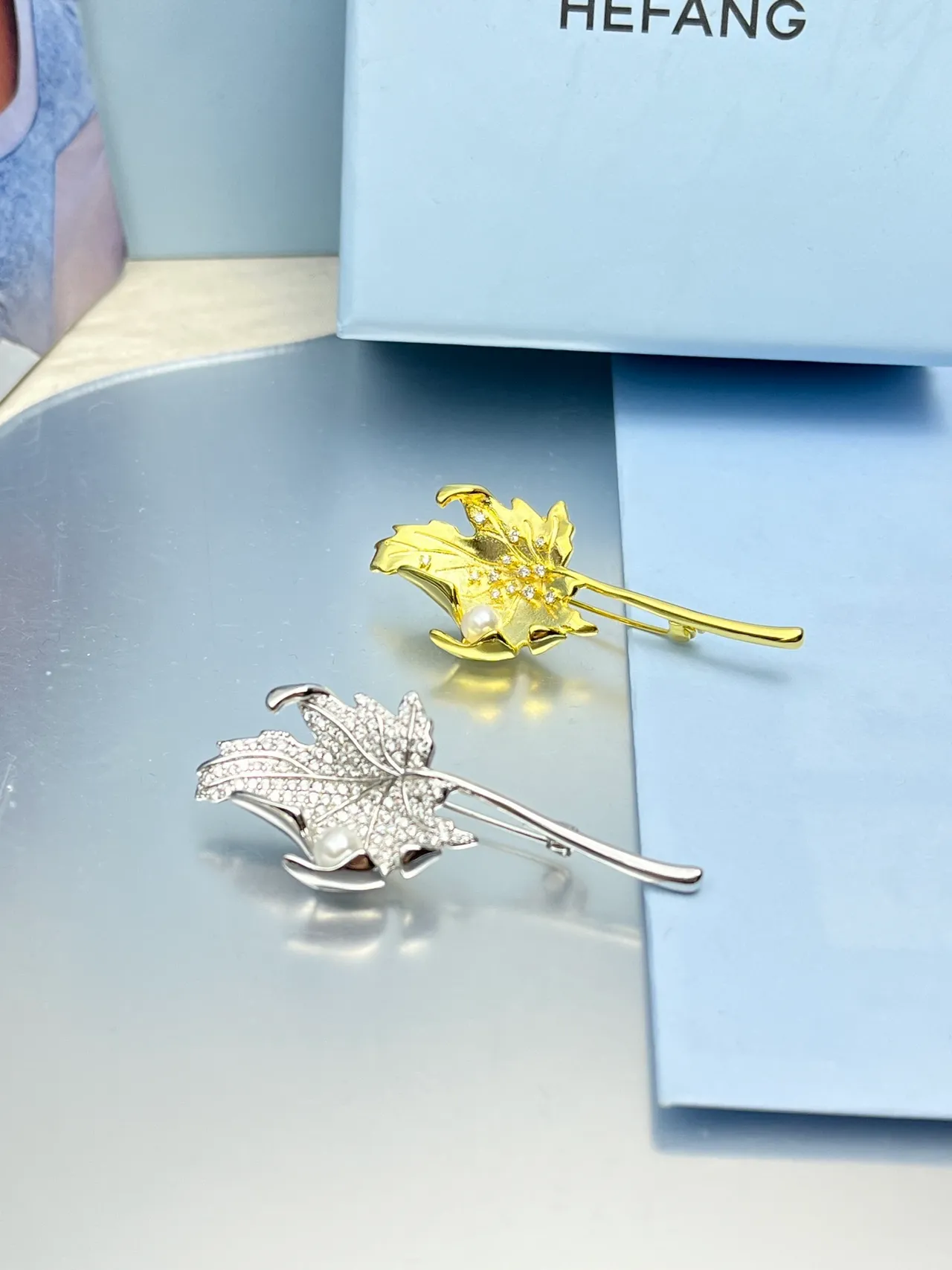 Gold Silver Leaf-Shaped Pearl-Accented Brooch 8