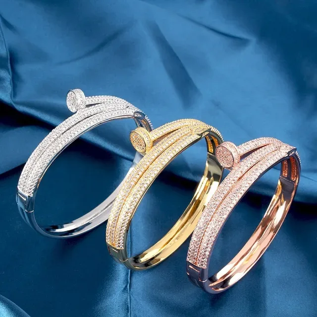 Gold Silver Rose Gold Pavé Crystal Hinged Bangle Bracelets 9