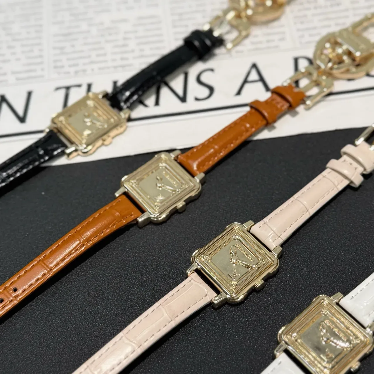 Gold Square Case Textured Leather Strap Watch 8