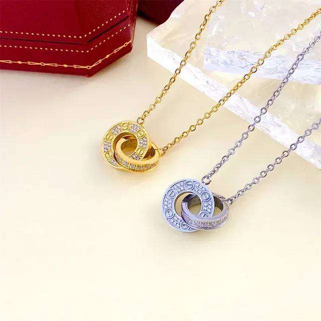 Gold-Tone Interlocking Double Ring Pavé Stone Necklace 2