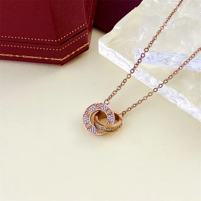 Gold-Tone Interlocking Double Ring Pavé Stone Necklace 3